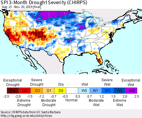 United States SPI 3-Month Drought Severity (CHIRPS) Thematic Map For 8/21/2019 - 11/20/2019