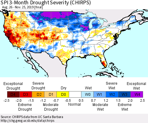 United States SPI 3-Month Drought Severity (CHIRPS) Thematic Map For 8/26/2019 - 11/25/2019