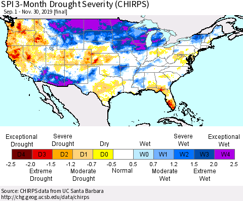 United States SPI 3-Month Drought Severity (CHIRPS) Thematic Map For 9/1/2019 - 11/30/2019