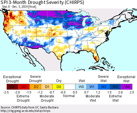 United States SPI 3-Month Drought Severity (CHIRPS) Thematic Map For 9/6/2019 - 12/5/2019