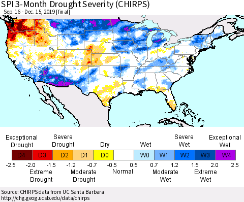 United States SPI 3-Month Drought Severity (CHIRPS) Thematic Map For 9/16/2019 - 12/15/2019