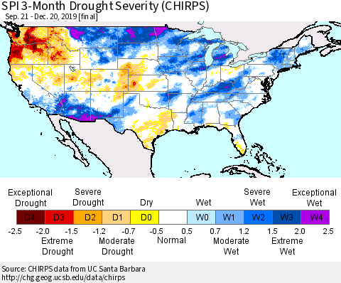 United States SPI 3-Month Drought Severity (CHIRPS) Thematic Map For 9/21/2019 - 12/20/2019