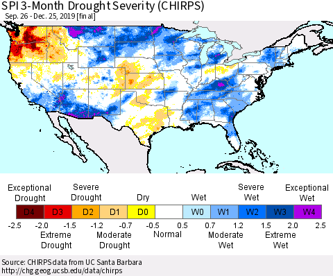 United States SPI 3-Month Drought Severity (CHIRPS) Thematic Map For 9/26/2019 - 12/25/2019