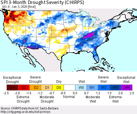 United States SPI 3-Month Drought Severity (CHIRPS) Thematic Map For 10/6/2019 - 1/5/2020