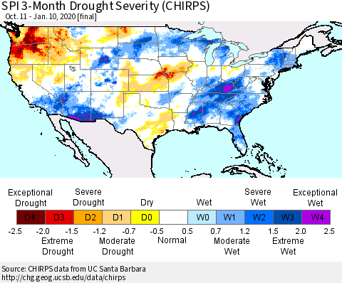 United States SPI 3-Month Drought Severity (CHIRPS) Thematic Map For 10/11/2019 - 1/10/2020