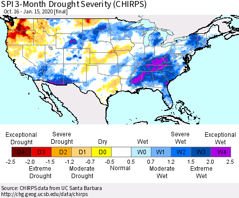 United States SPI 3-Month Drought Severity (CHIRPS) Thematic Map For 10/16/2019 - 1/15/2020