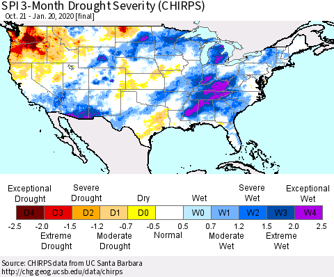 United States SPI 3-Month Drought Severity (CHIRPS) Thematic Map For 10/21/2019 - 1/20/2020