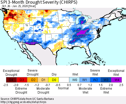 United States SPI 3-Month Drought Severity (CHIRPS) Thematic Map For 10/26/2019 - 1/25/2020