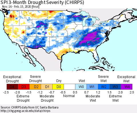United States SPI 3-Month Drought Severity (CHIRPS) Thematic Map For 11/16/2019 - 2/15/2020