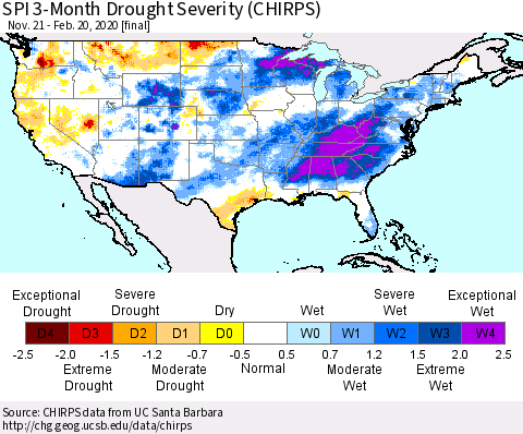 United States SPI 3-Month Drought Severity (CHIRPS) Thematic Map For 11/21/2019 - 2/20/2020