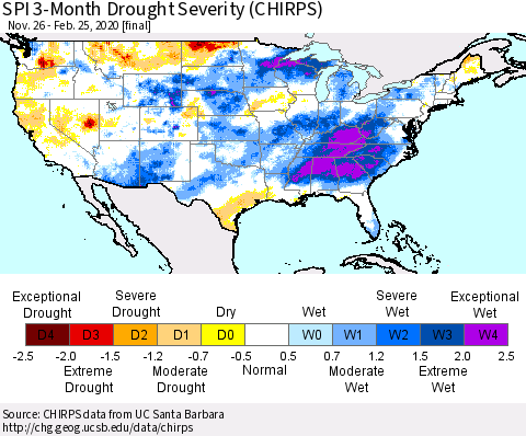 United States SPI 3-Month Drought Severity (CHIRPS) Thematic Map For 11/26/2019 - 2/25/2020