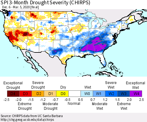 United States SPI 3-Month Drought Severity (CHIRPS) Thematic Map For 12/6/2019 - 3/5/2020