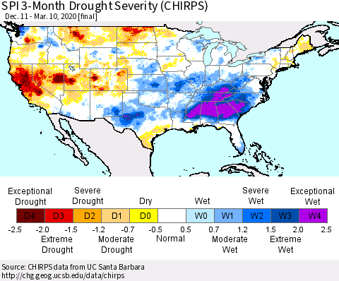 United States SPI 3-Month Drought Severity (CHIRPS) Thematic Map For 12/11/2019 - 3/10/2020