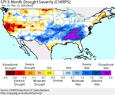 United States SPI 3-Month Drought Severity (CHIRPS) Thematic Map For 12/16/2019 - 3/15/2020