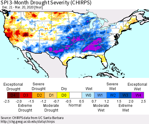 United States SPI 3-Month Drought Severity (CHIRPS) Thematic Map For 12/21/2019 - 3/20/2020