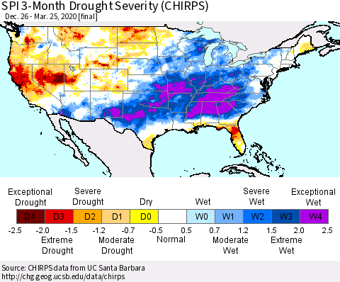 United States SPI 3-Month Drought Severity (CHIRPS) Thematic Map For 12/26/2019 - 3/25/2020