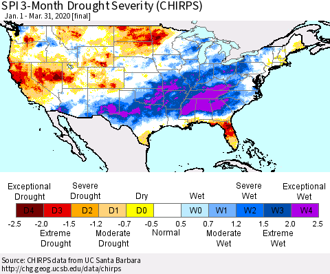 United States SPI 3-Month Drought Severity (CHIRPS) Thematic Map For 1/1/2020 - 3/31/2020
