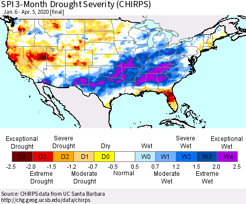 United States SPI 3-Month Drought Severity (CHIRPS) Thematic Map For 1/6/2020 - 4/5/2020