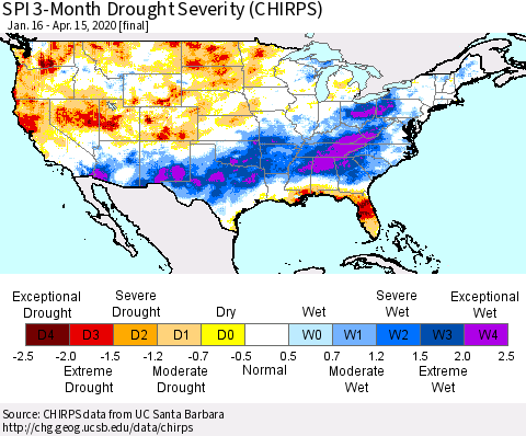 United States SPI 3-Month Drought Severity (CHIRPS) Thematic Map For 1/16/2020 - 4/15/2020