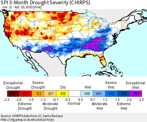 United States SPI 3-Month Drought Severity (CHIRPS) Thematic Map For 1/21/2020 - 4/20/2020