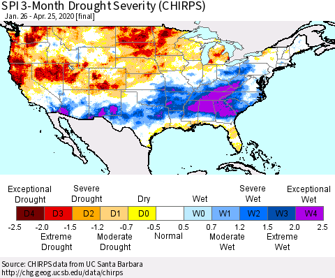 United States SPI 3-Month Drought Severity (CHIRPS) Thematic Map For 1/26/2020 - 4/25/2020
