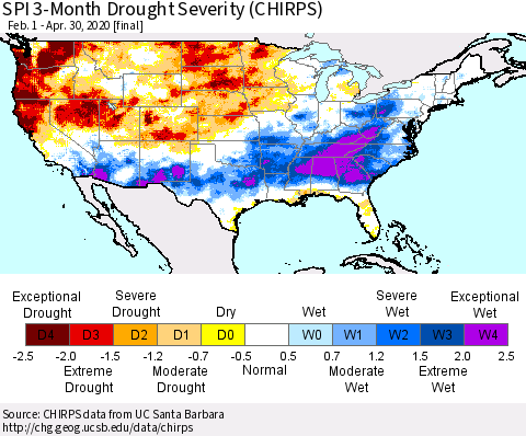 United States SPI 3-Month Drought Severity (CHIRPS) Thematic Map For 2/1/2020 - 4/30/2020