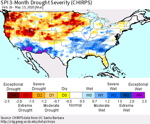 United States SPI 3-Month Drought Severity (CHIRPS) Thematic Map For 2/16/2020 - 5/15/2020