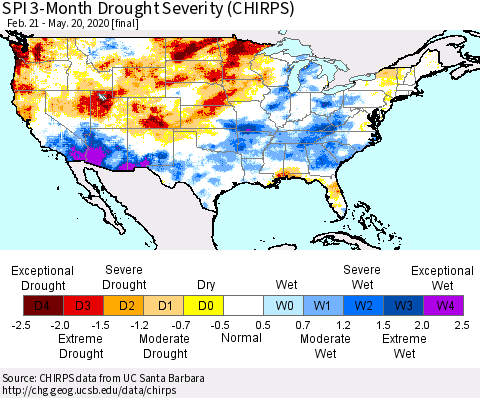 United States SPI 3-Month Drought Severity (CHIRPS) Thematic Map For 2/21/2020 - 5/20/2020