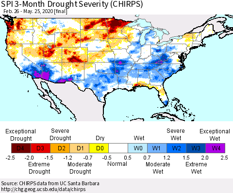 United States SPI 3-Month Drought Severity (CHIRPS) Thematic Map For 2/26/2020 - 5/25/2020