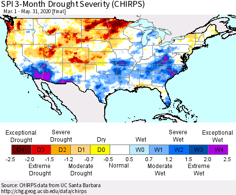 United States SPI 3-Month Drought Severity (CHIRPS) Thematic Map For 3/1/2020 - 5/31/2020