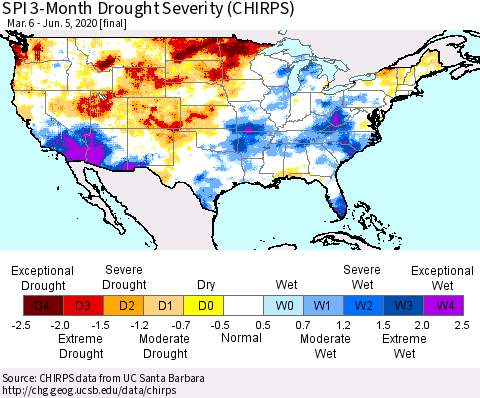 United States SPI 3-Month Drought Severity (CHIRPS) Thematic Map For 3/6/2020 - 6/5/2020