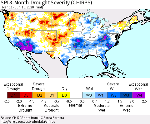 United States SPI 3-Month Drought Severity (CHIRPS) Thematic Map For 3/11/2020 - 6/10/2020