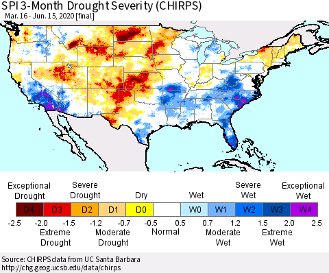 United States SPI 3-Month Drought Severity (CHIRPS) Thematic Map For 3/16/2020 - 6/15/2020