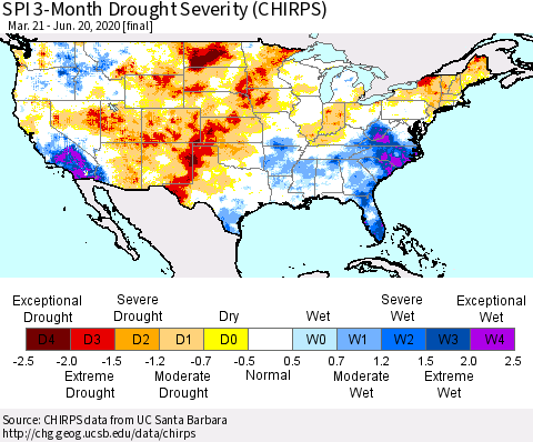 United States SPI 3-Month Drought Severity (CHIRPS) Thematic Map For 3/21/2020 - 6/20/2020