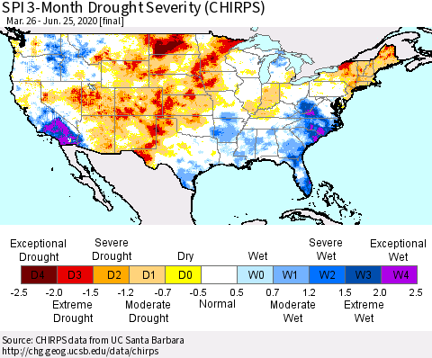 United States SPI 3-Month Drought Severity (CHIRPS) Thematic Map For 3/26/2020 - 6/25/2020