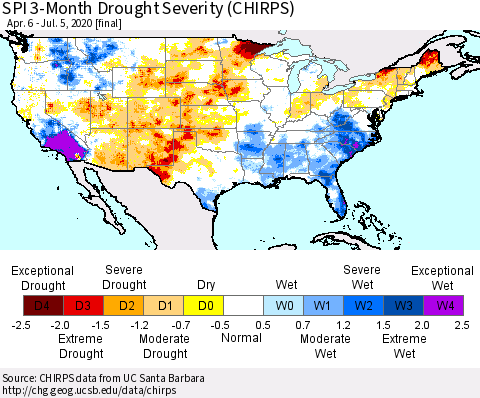 United States SPI 3-Month Drought Severity (CHIRPS) Thematic Map For 4/6/2020 - 7/5/2020