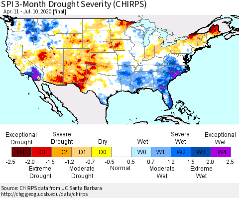 United States SPI 3-Month Drought Severity (CHIRPS) Thematic Map For 4/11/2020 - 7/10/2020