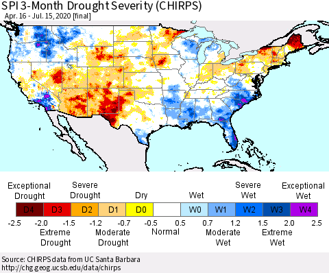 United States SPI 3-Month Drought Severity (CHIRPS) Thematic Map For 4/16/2020 - 7/15/2020