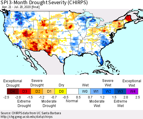 United States SPI 3-Month Drought Severity (CHIRPS) Thematic Map For 4/21/2020 - 7/20/2020