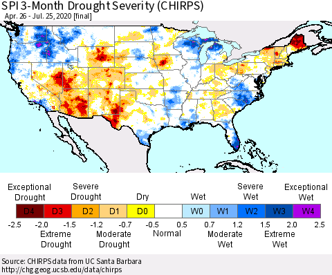 United States SPI 3-Month Drought Severity (CHIRPS) Thematic Map For 4/26/2020 - 7/25/2020