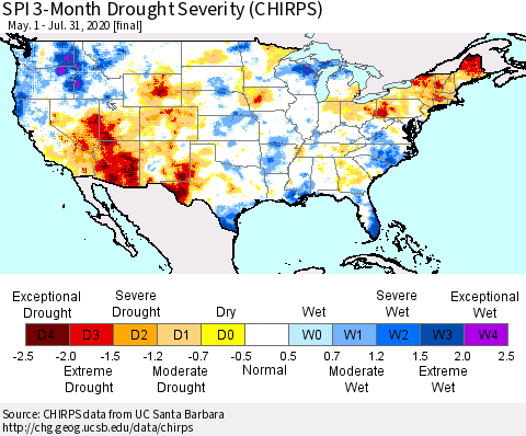 United States SPI 3-Month Drought Severity (CHIRPS) Thematic Map For 5/1/2020 - 7/31/2020