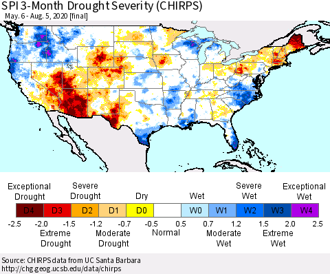 United States SPI 3-Month Drought Severity (CHIRPS) Thematic Map For 5/6/2020 - 8/5/2020