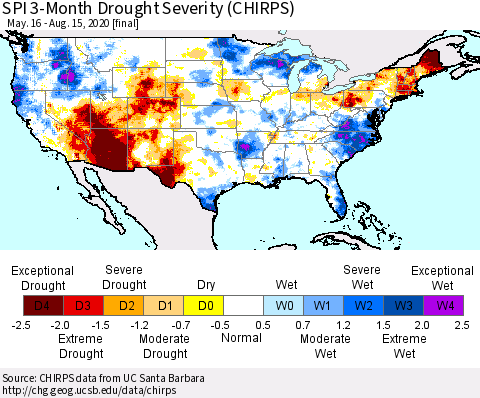 United States SPI 3-Month Drought Severity (CHIRPS) Thematic Map For 5/16/2020 - 8/15/2020