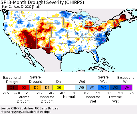 United States SPI 3-Month Drought Severity (CHIRPS) Thematic Map For 5/21/2020 - 8/20/2020