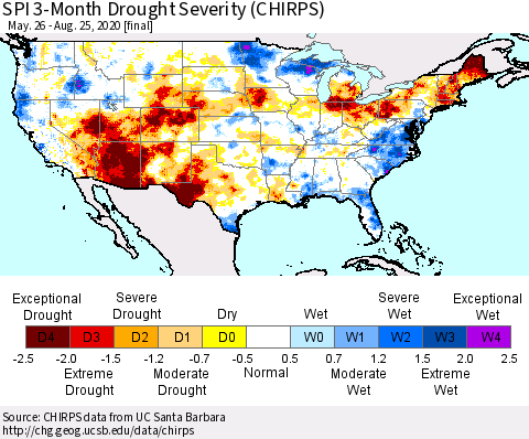 United States SPI 3-Month Drought Severity (CHIRPS) Thematic Map For 5/26/2020 - 8/25/2020