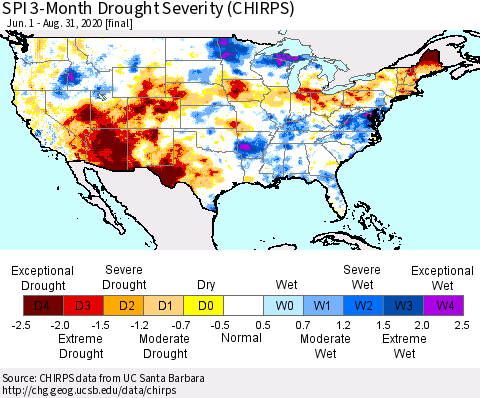 United States SPI 3-Month Drought Severity (CHIRPS) Thematic Map For 6/1/2020 - 8/31/2020