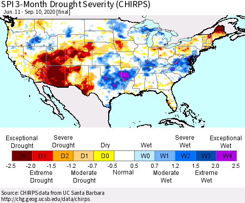 United States SPI 3-Month Drought Severity (CHIRPS) Thematic Map For 6/11/2020 - 9/10/2020