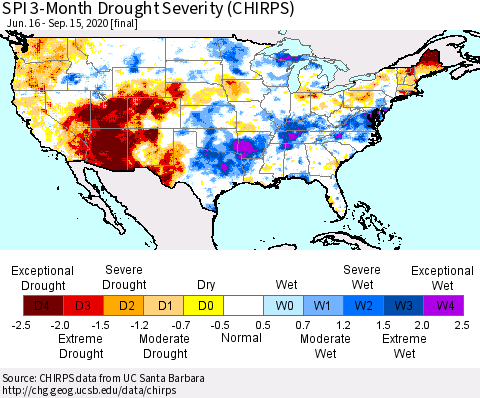 United States SPI 3-Month Drought Severity (CHIRPS) Thematic Map For 6/16/2020 - 9/15/2020