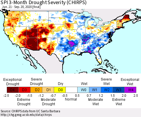 United States SPI 3-Month Drought Severity (CHIRPS) Thematic Map For 6/21/2020 - 9/20/2020