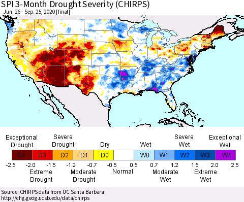 United States SPI 3-Month Drought Severity (CHIRPS) Thematic Map For 6/26/2020 - 9/25/2020